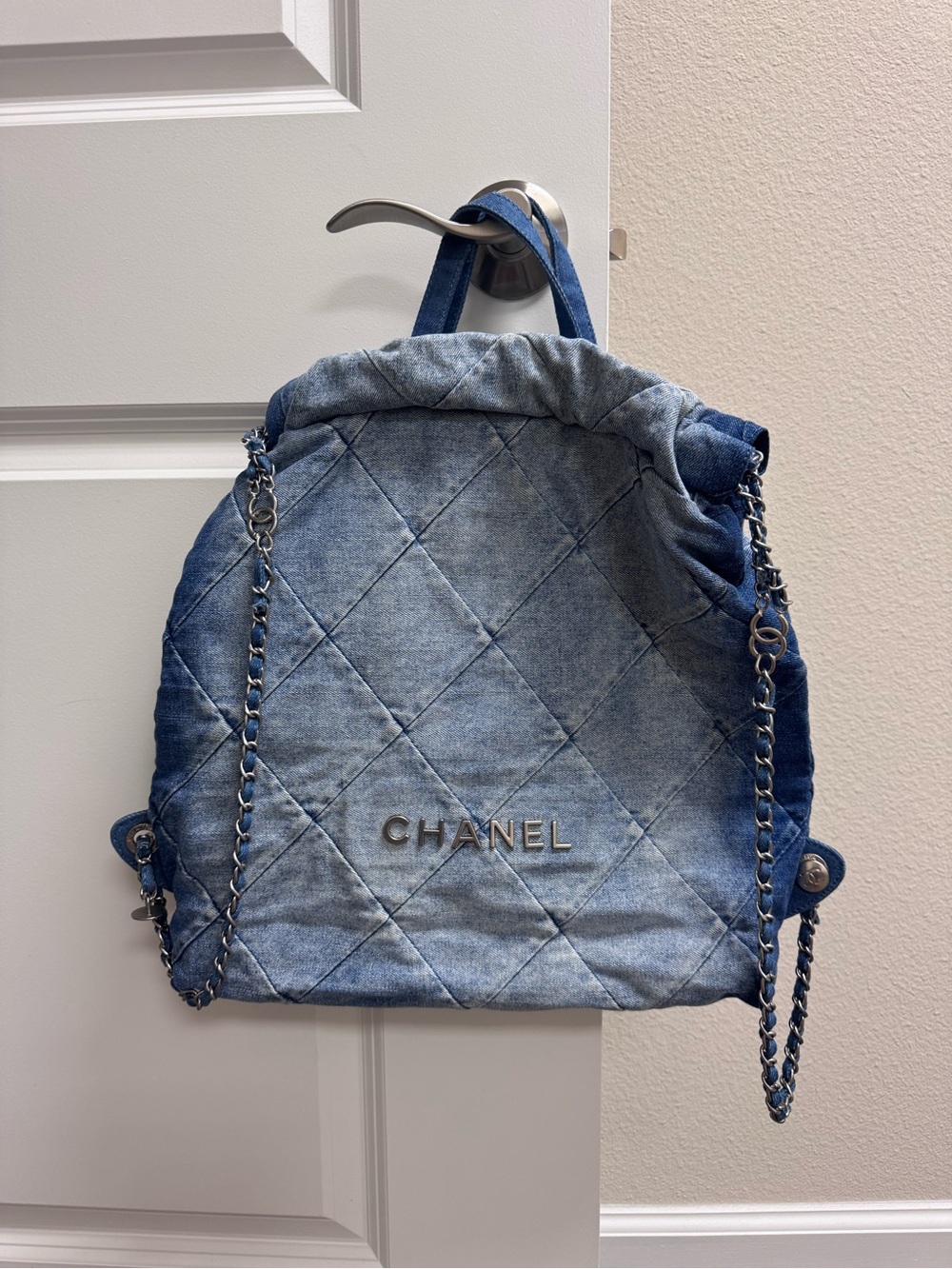 Denim Quilted Backpack in Faded Blue